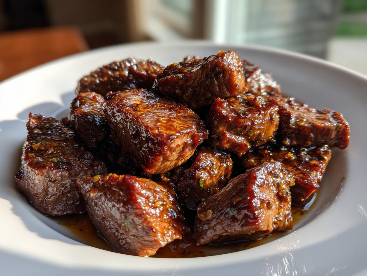 Close-up of tender, glazed crockpot steak bites piled high on a white plate.