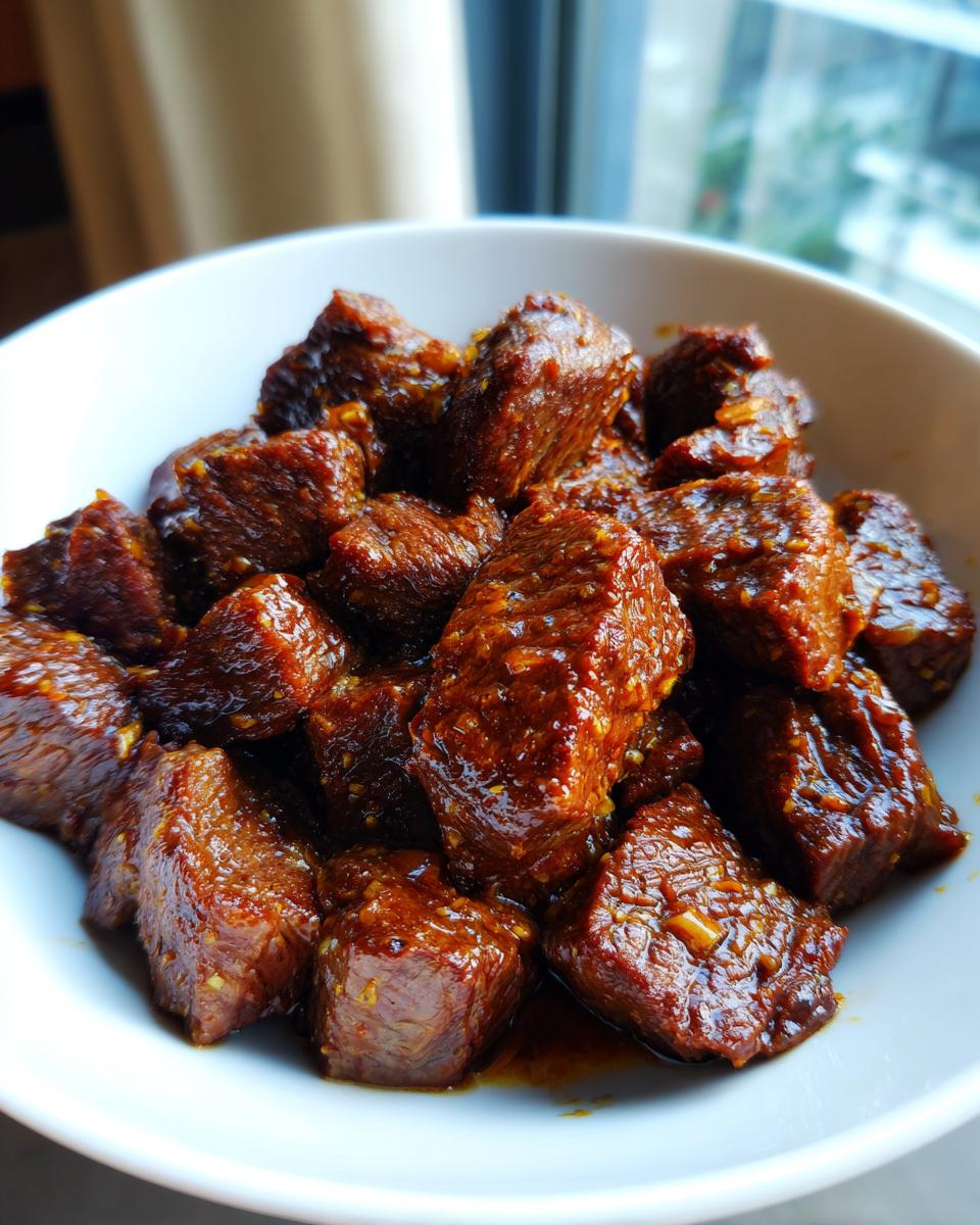 Close-up of tender, cubed crockpot steak bites coated in a dark, glossy, savory sauce.