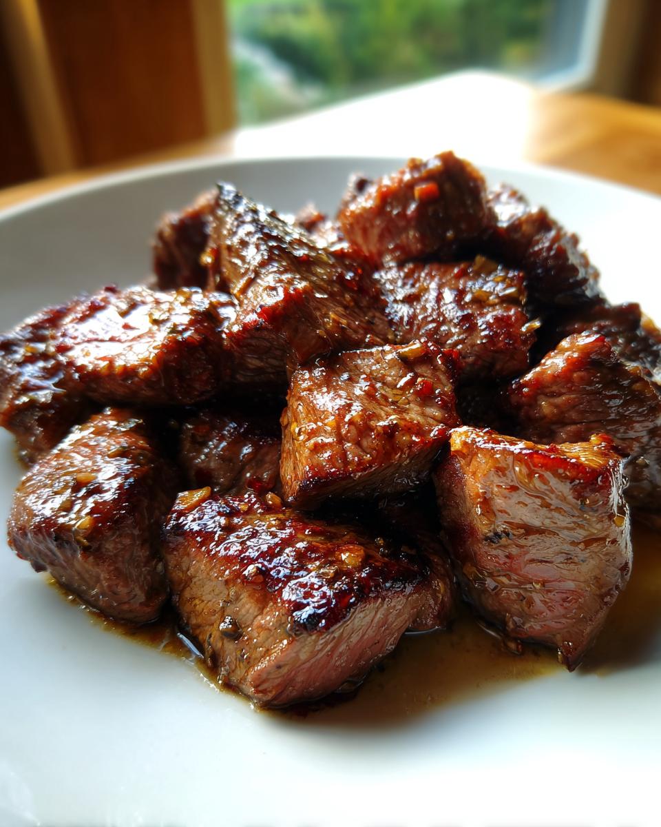 Close-up of tender, glazed cubes of crockpot steak piled on a white plate, glistening with sauce.
