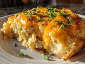 A close-up of a hearty slice of twice baked potato casserole topped with melted cheddar cheese and fresh chives.