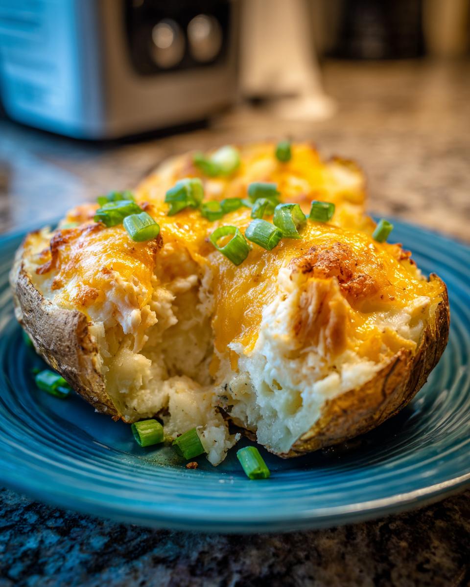 A close-up of a delicious twice baked potato topped with melted cheddar cheese and fresh green onions.