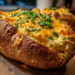 A close-up of a delicious twice baked potato, stuffed with creamy filling, topped with melted cheddar cheese and fresh chives.