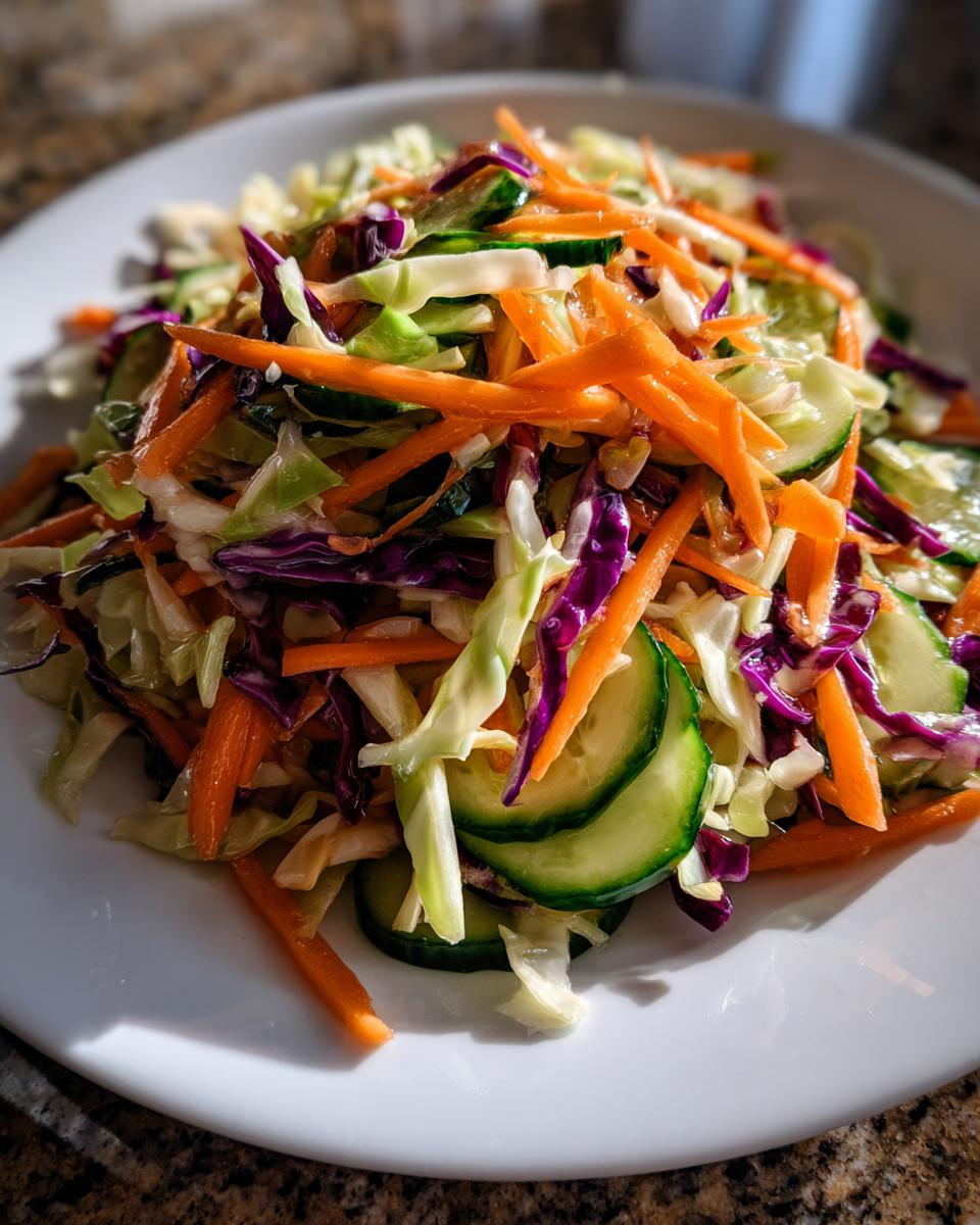 Close-up of a colorful cabbage salad featuring shredded carrots, green cabbage, red cabbage, and sliced cucumbers.