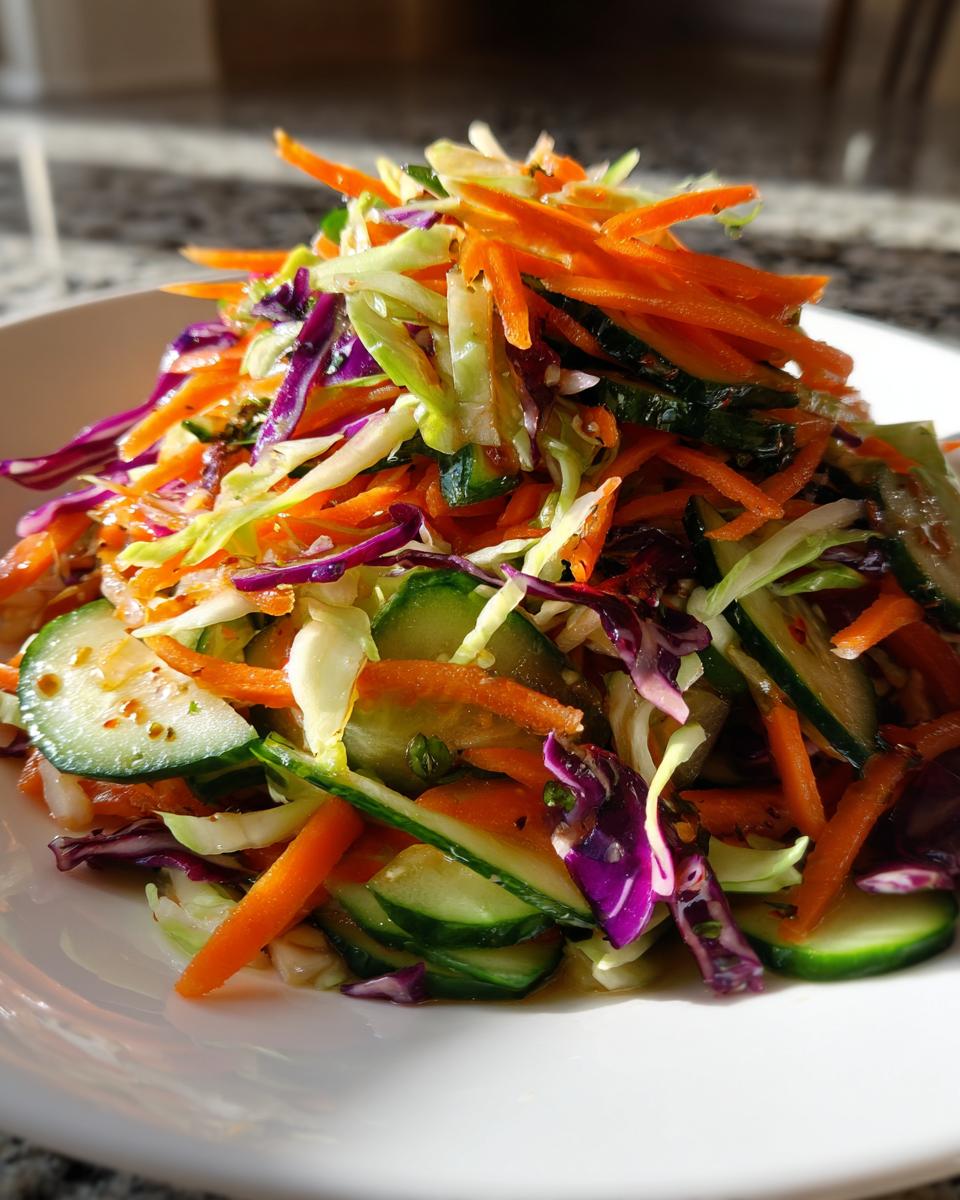 Close-up of a vibrant, colorful cabbage salad featuring shredded carrots, purple cabbage, and sliced cucumbers.
