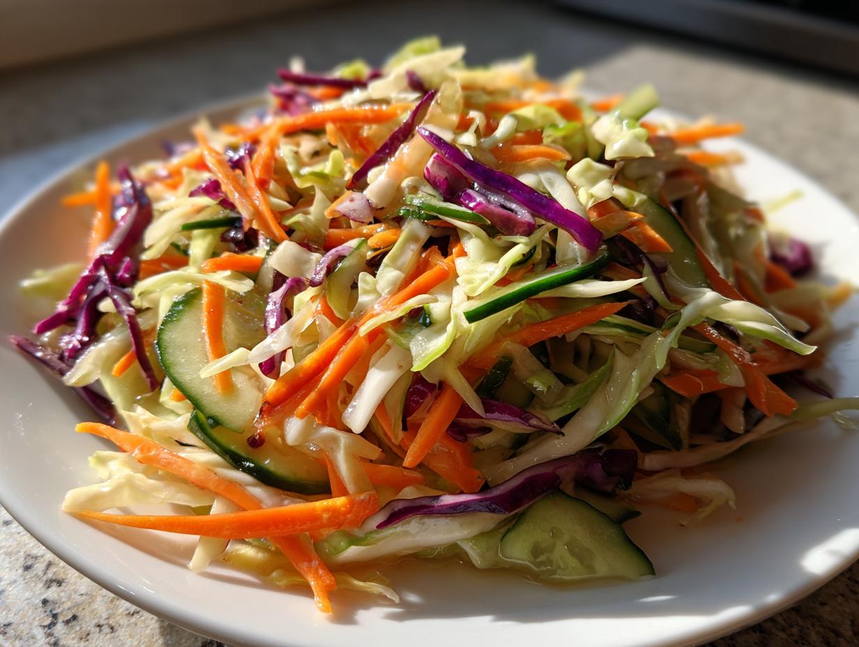 A vibrant, colorful serving of low-calorie cabbage salad featuring shredded green cabbage, red cabbage, carrots, and cucumber slices.