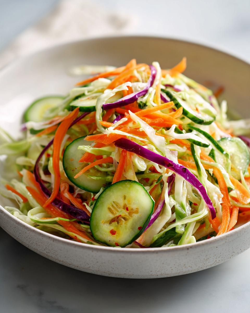 Close-up of a fresh, colorful cabbage salad featuring shredded green and purple cabbage, carrots, and sliced cucumbers.