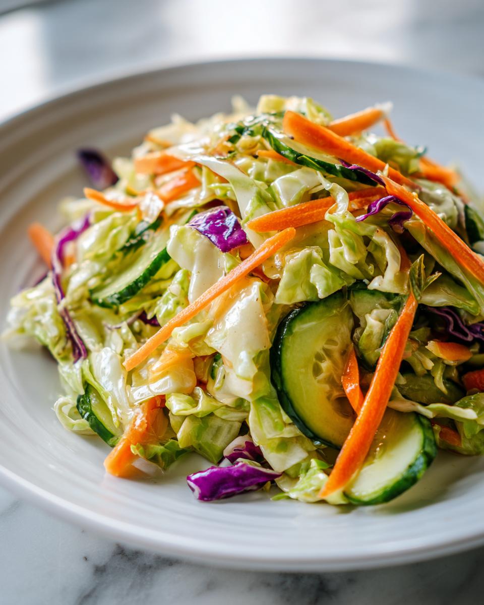 Close-up of a vibrant cabbage salad featuring shredded green cabbage, julienned carrots, and cucumber slices.
