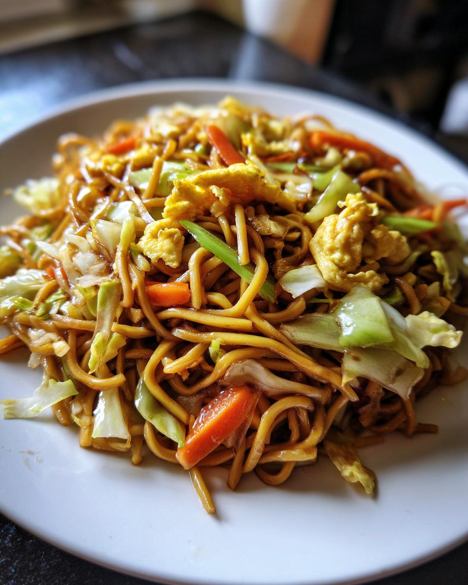 A close-up shot of a generous serving of glossy, savory fried noodles mixed with scrambled egg, cabbage, and carrots.