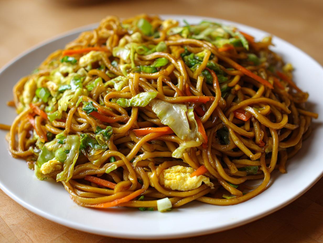A close-up shot of a plate piled high with glossy, brown fried noodles mixed with shredded cabbage, carrots, and scrambled egg pieces.