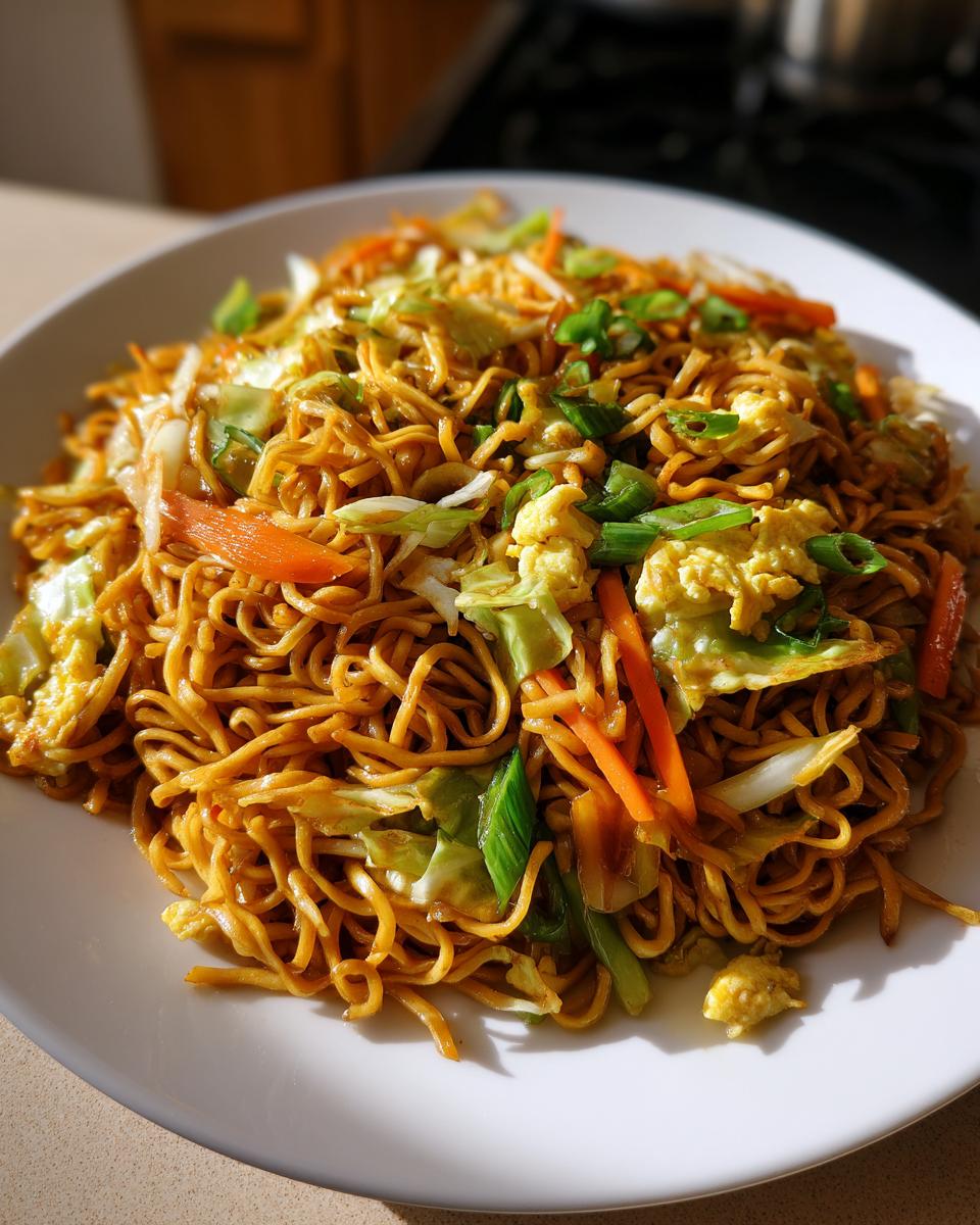 A close-up view of a generous serving of golden brown fried noodles mixed with scrambled egg, shredded carrots, and cabbage.