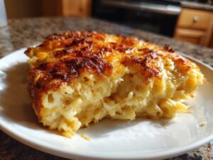 A close-up of a hearty slice of baked mac and cheese showing creamy pasta and a deeply browned, cheesy crust.