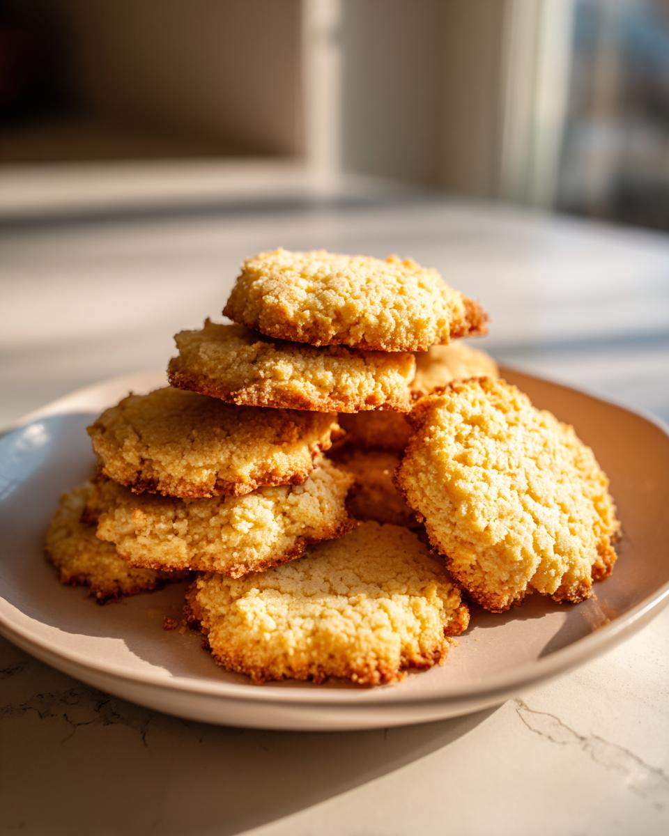 A stack of golden brown 3-ingredient butter cookies piled high on a light plate, catching the sunlight.