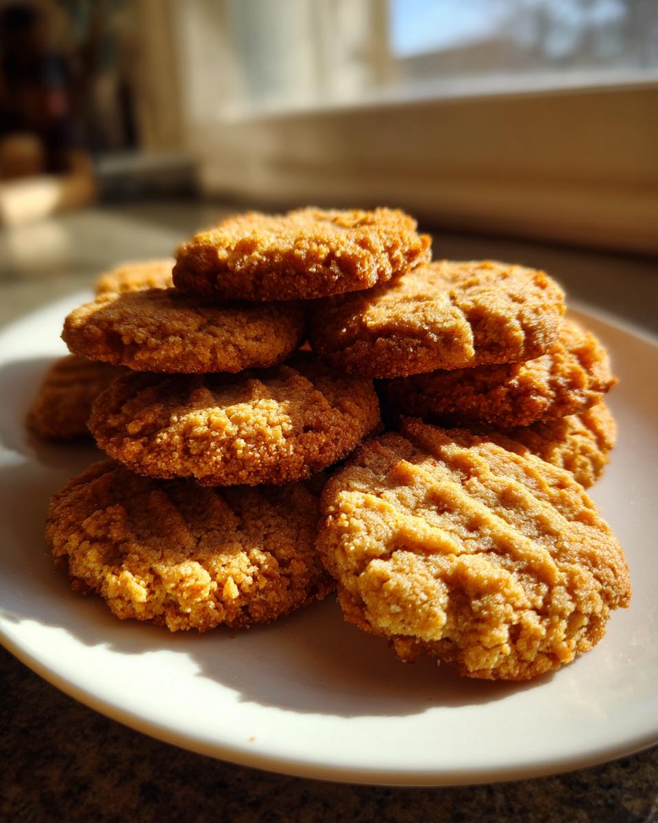A stack of golden brown 3-ingredient butter cookies with fork marks piled on a white plate, backlit by sunlight.