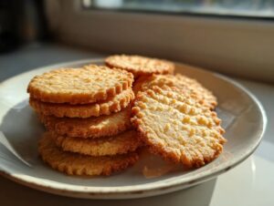 A stack and pile of golden, textured 3-ingredient butter cookies resting on a light ceramic plate near a window.