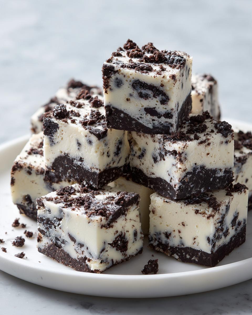 A stack of creamy white and dark chocolate Oreo fudge squares topped with cookie crumbs.