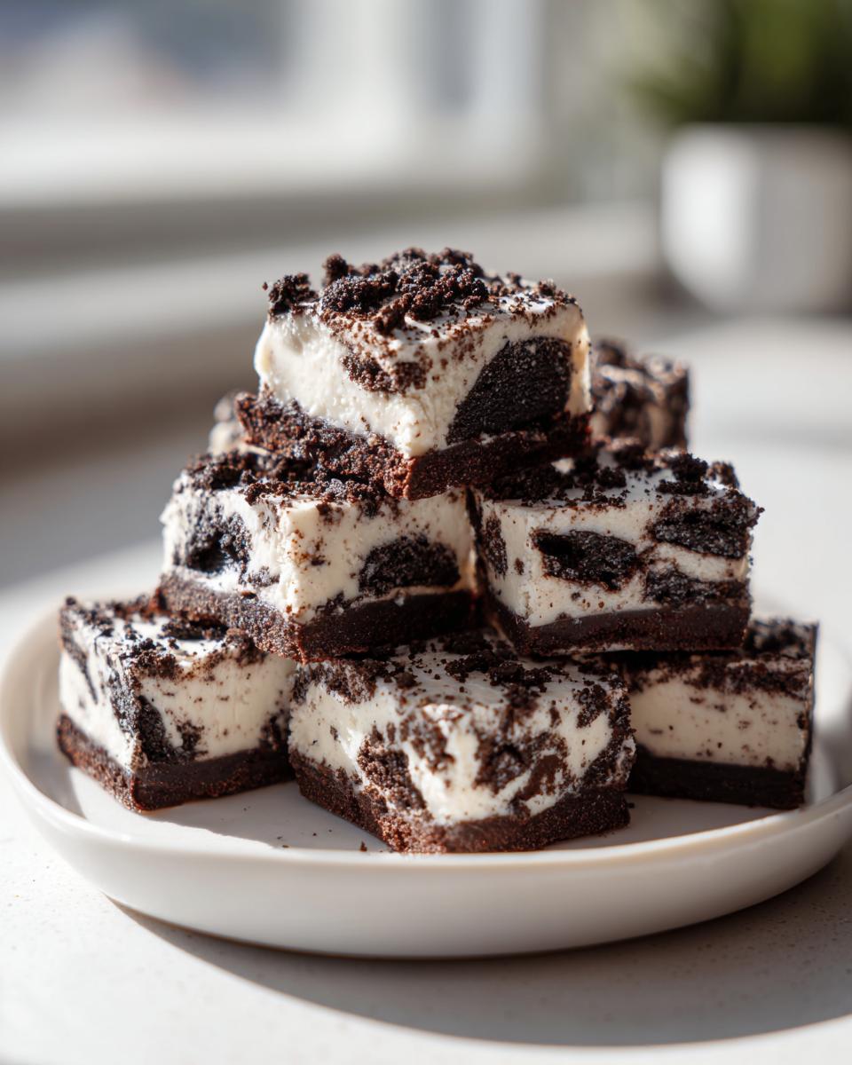 A stack of rich, creamy Oreo fudge squares featuring a dark chocolate base and white filling loaded with cookie pieces.