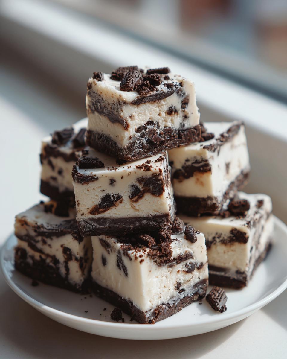 A stack of rich, creamy white Oreo fudge squares with dark chocolate cookie pieces throughout and on top.
