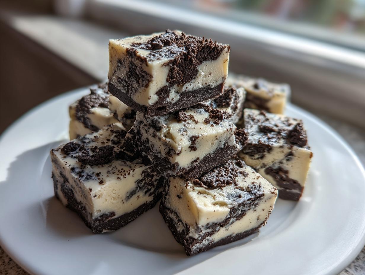 A stack of rich, creamy Oreo fudge squares with dark cookie pieces visible throughout the white base.