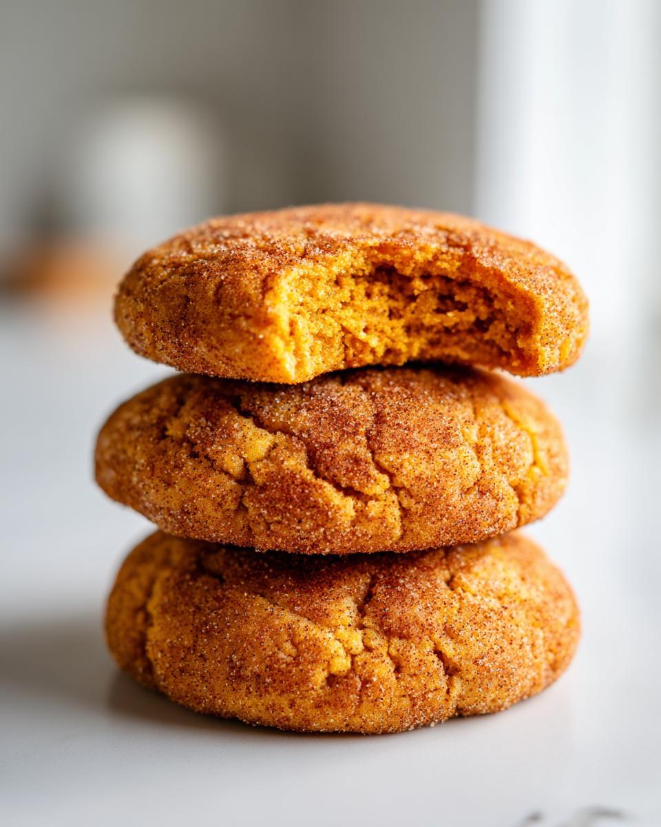 A stack of three soft pumpkin snickerdoodle cookies coated in cinnamon sugar, with the top cookie having a bite taken out.