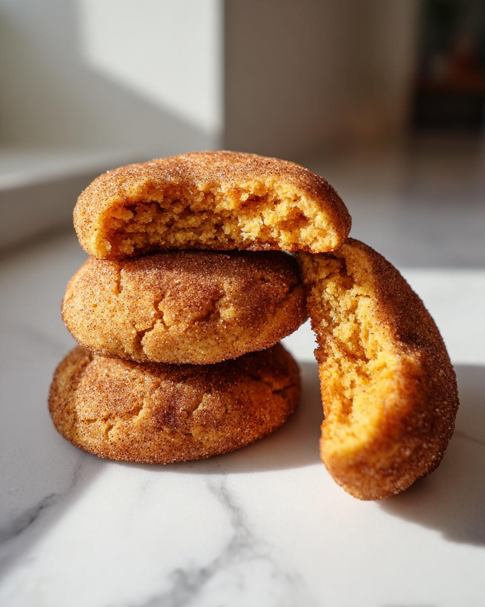 A stack of three soft pumpkin snickerdoodle cookies, one broken open to show the moist, orange interior.
