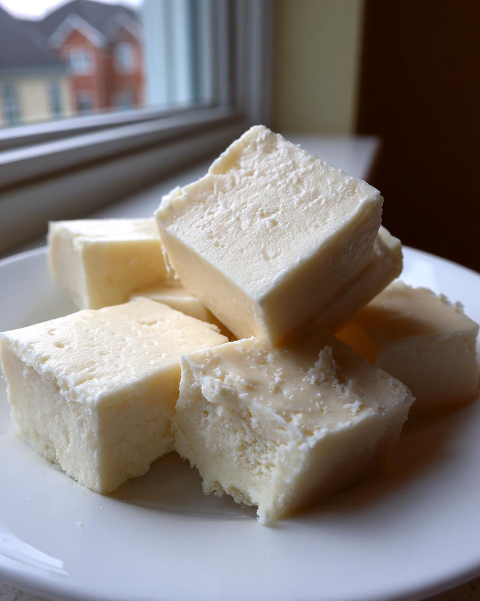 Several thick, creamy squares of homemade white chocolate fudge stacked on a white plate near a window.