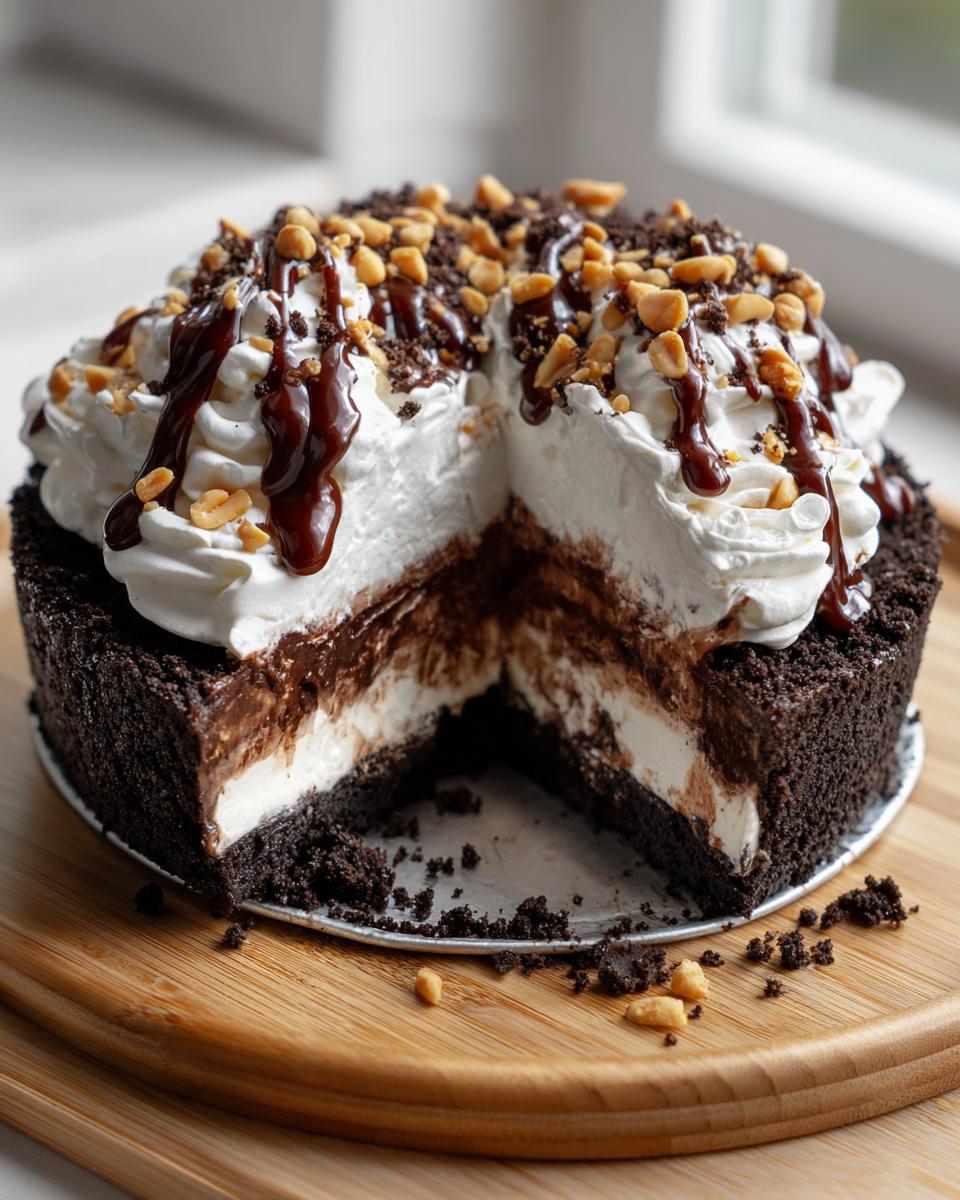 Cross-section view of a rich 3-layer ice cream pie with chocolate crust, whipped topping, chocolate drizzle, and peanuts.