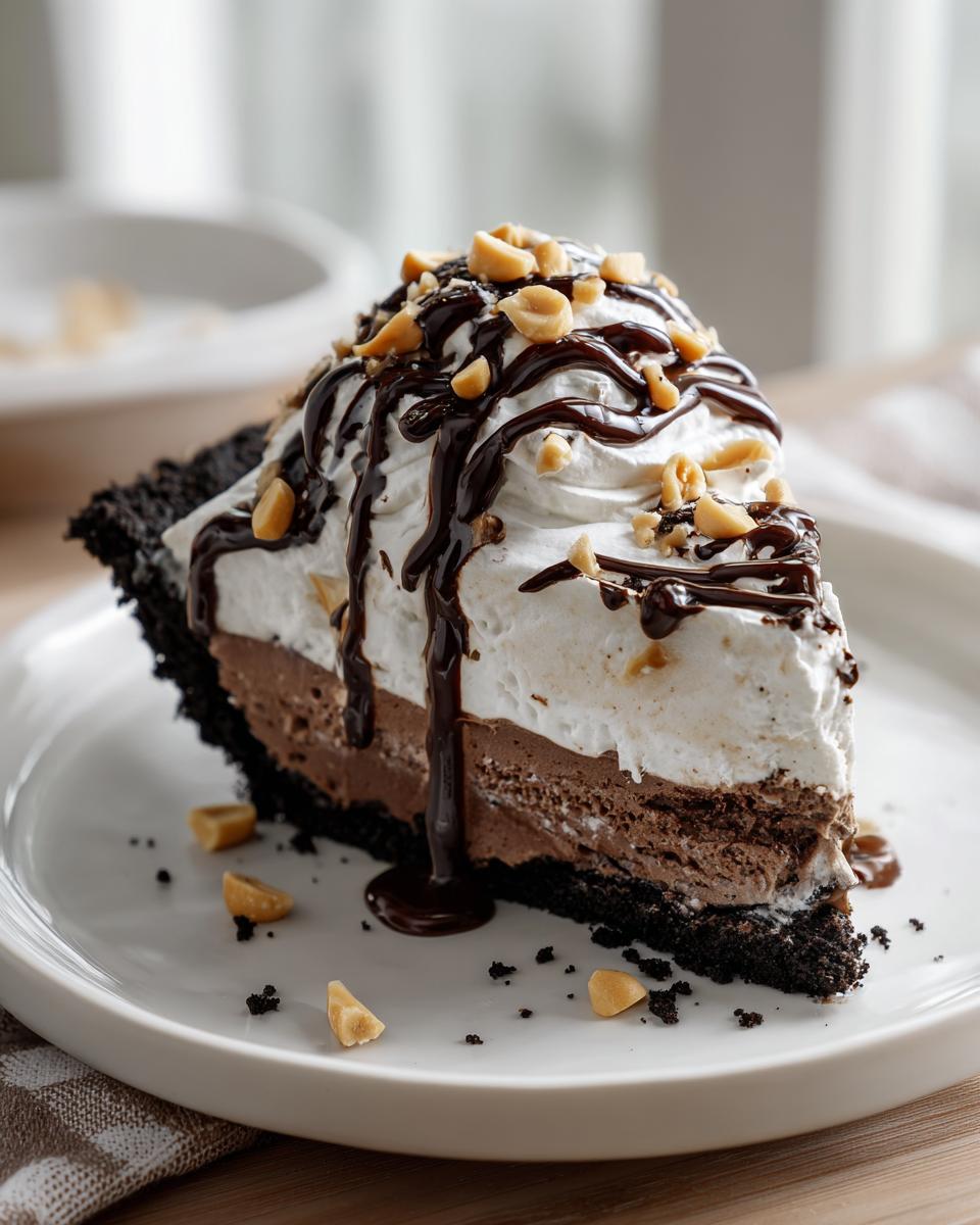 A decadent slice of 3-layer ice cream pie featuring chocolate layers, whipped cream, chocolate drizzle, and chopped peanuts.