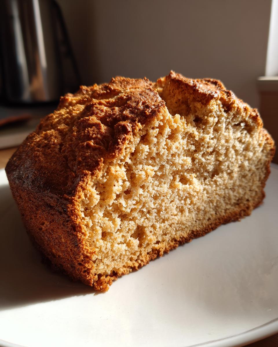 A close-up slice of golden brown, rustic soda bread showing its crumb texture, resting on a white plate.