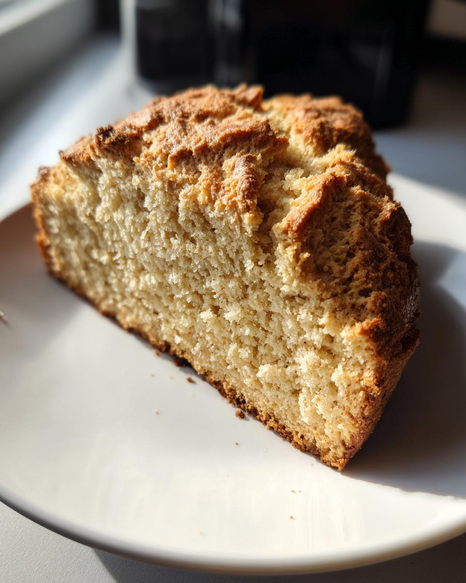 A thick slice of golden brown, crusty soda bread resting on a white plate, highlighted by bright sunlight.