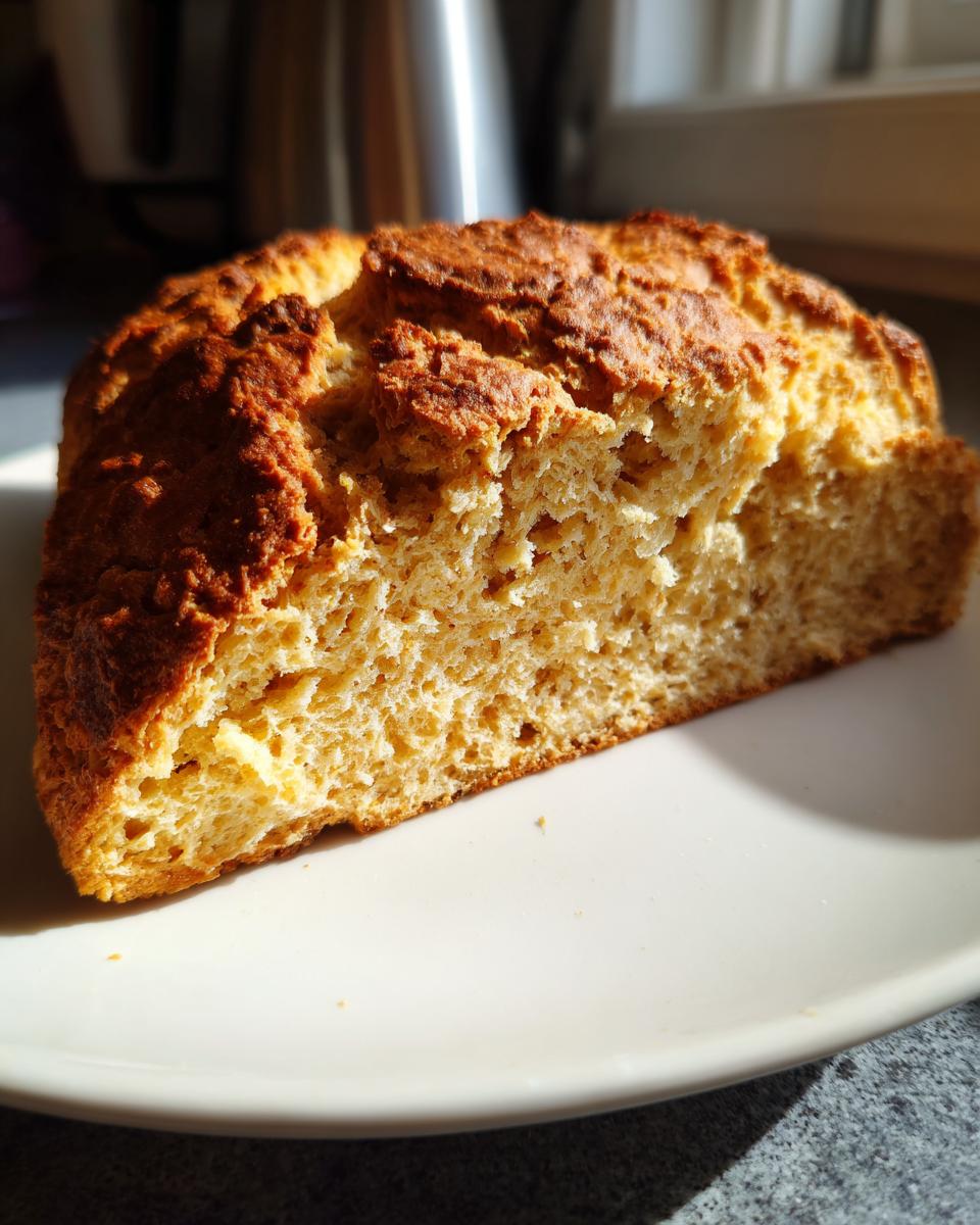 A close-up view of a thick slice of golden-brown soda bread showing its crumb texture, resting on a white plate.
