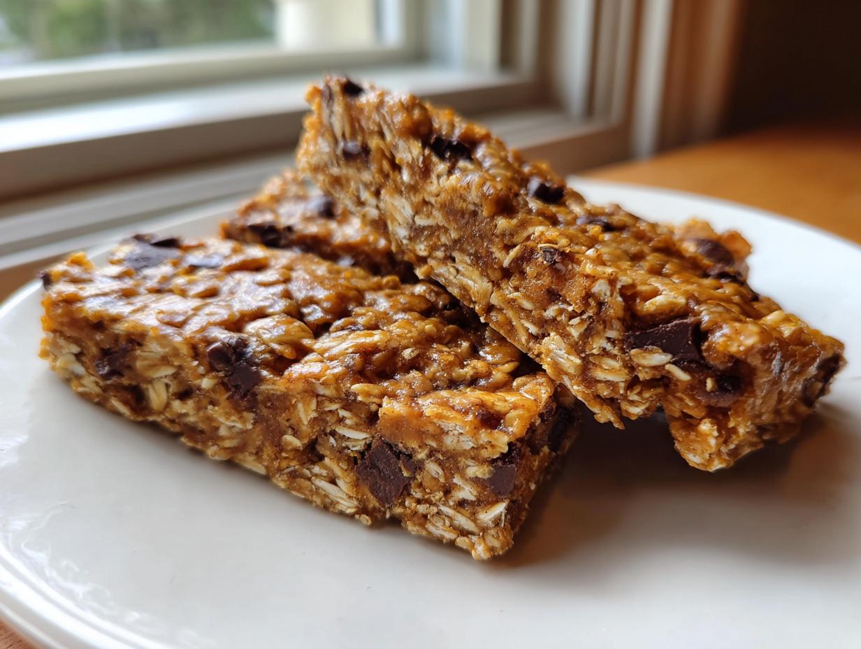 Three rich, chewy no bake granola bars studded with chocolate chips stacked on a white plate.