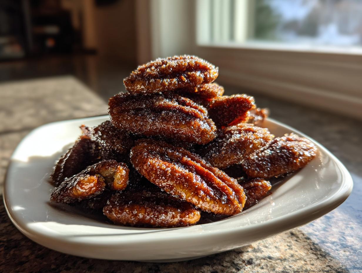 A pile of glistening, sugary candied pecans stacked on a small white plate, illuminated by sunlight.