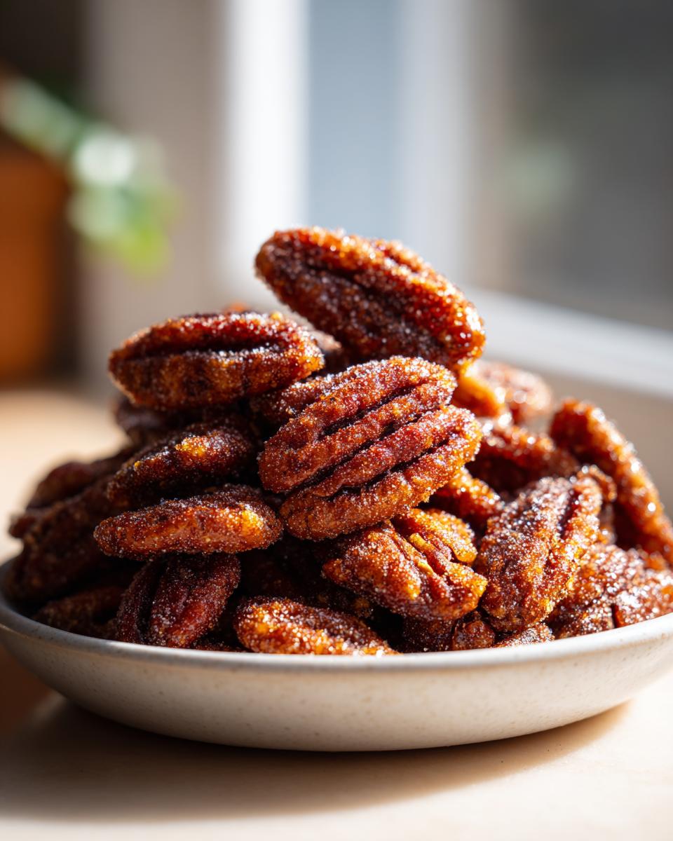 A small bowl piled high with glistening, sugary candied pecans, highlighted by natural light.