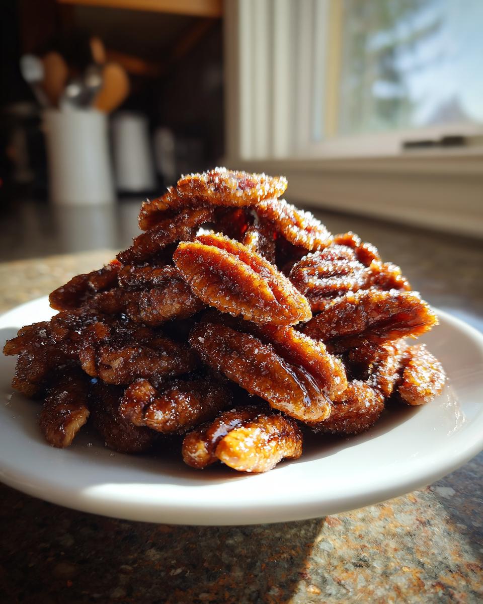 A pile of glistening, sugary candied pecans stacked on a small white plate, catching the sunlight.