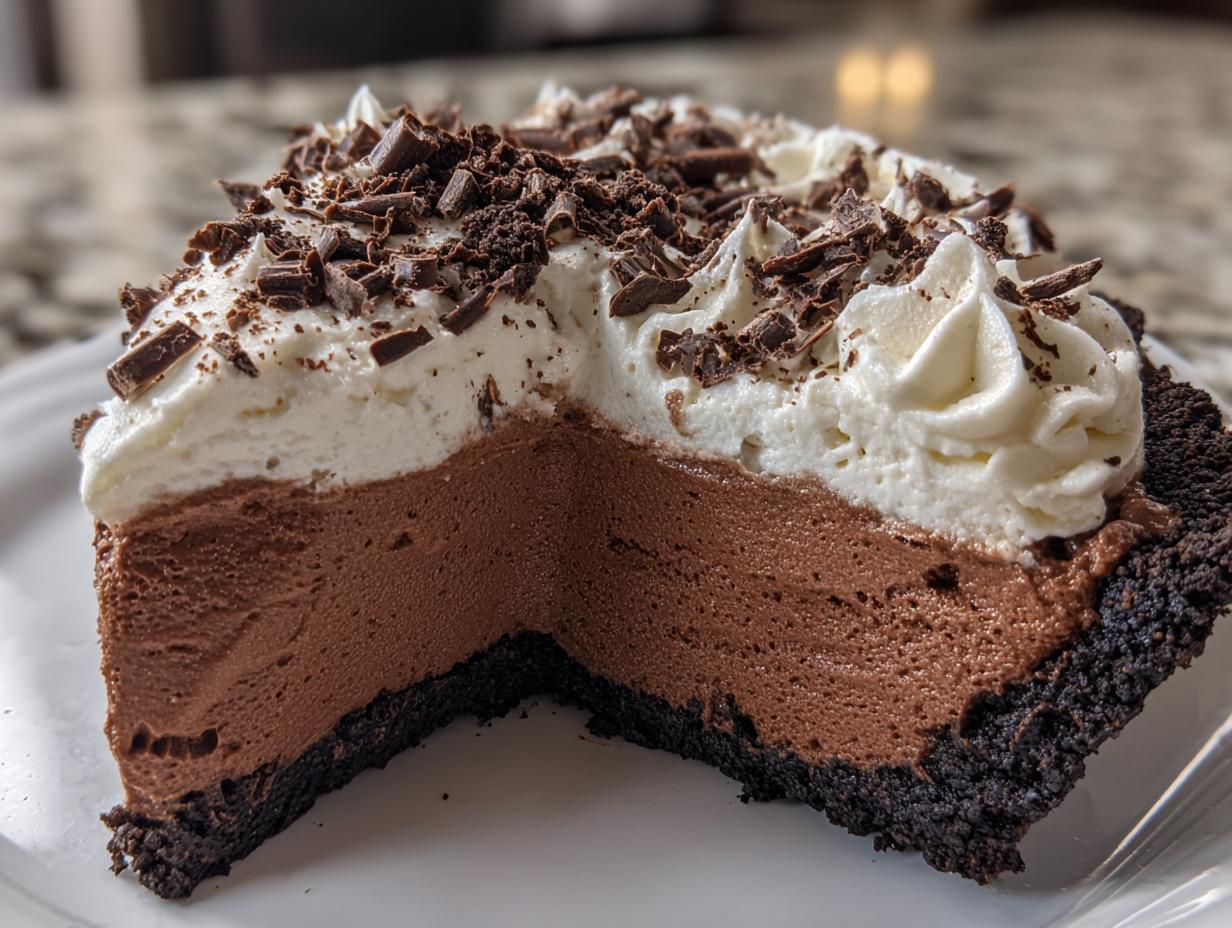 Cross-section of a decadent chocolate mousse pie showing the dark crust, thick filling, and whipped cream topping with chocolate shavings.