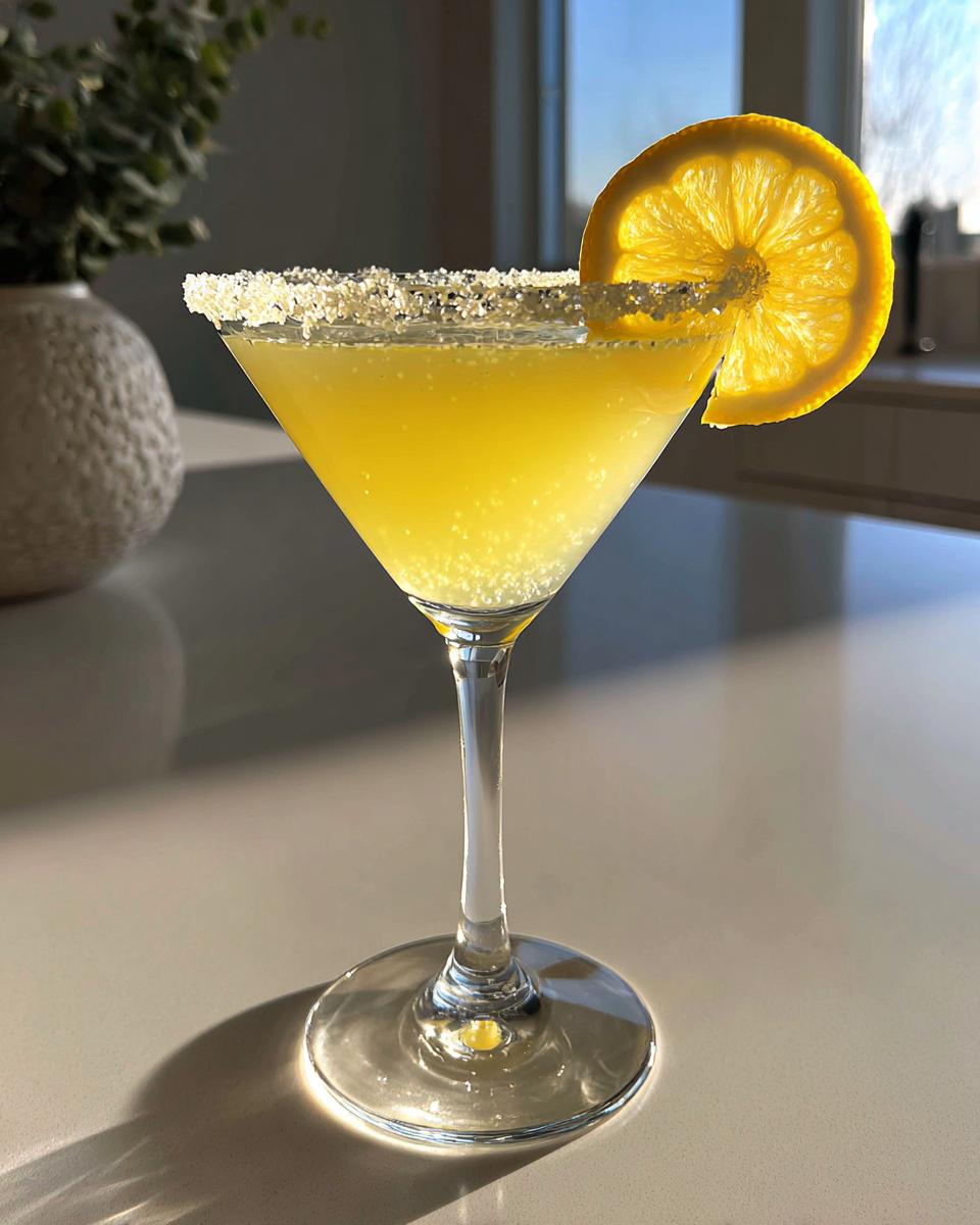 A bright yellow lemon drop cocktail in a sugar-rimmed martini glass, garnished with a backlit lemon wheel.