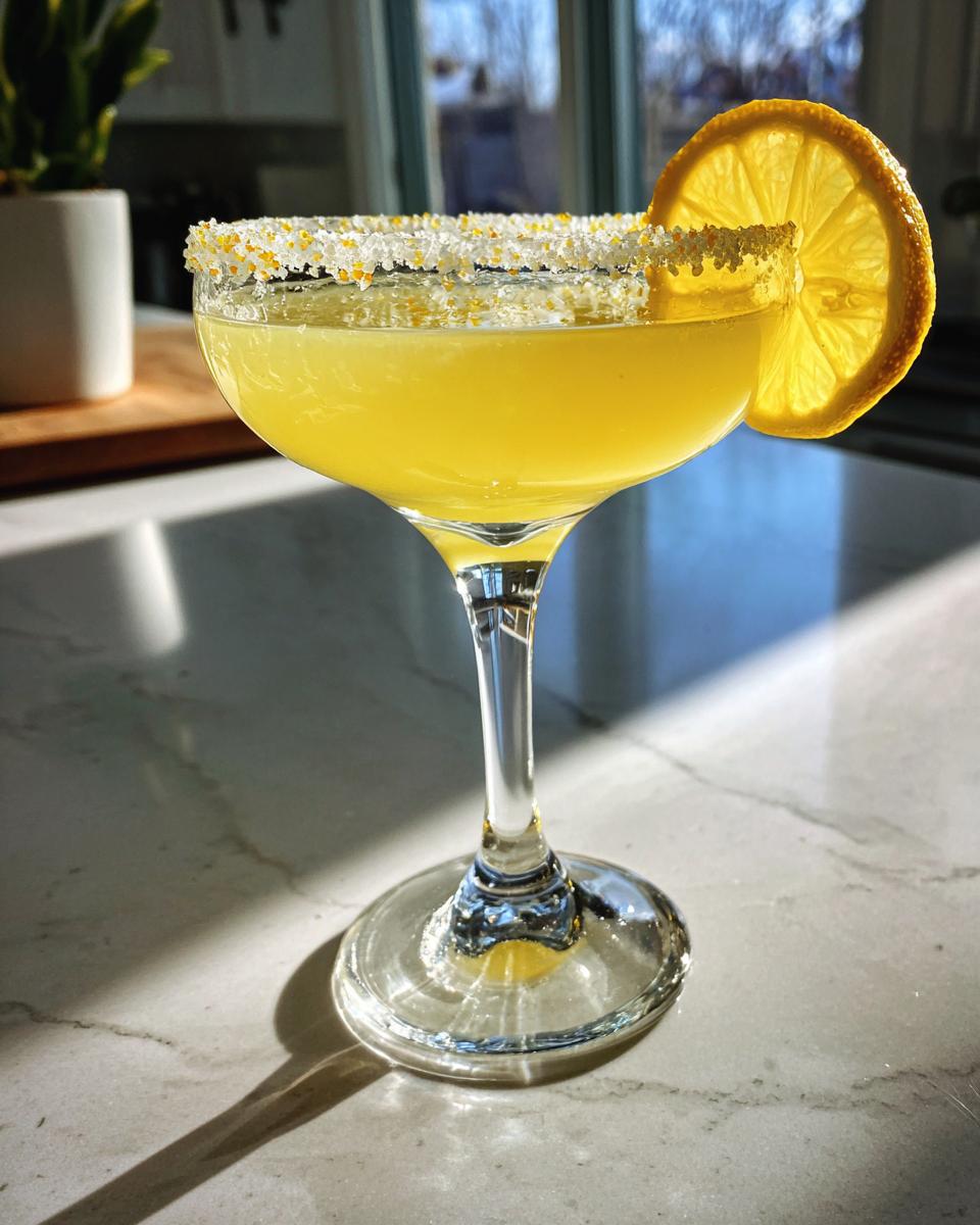 A bright yellow lemon drop cocktail in a coupe glass with a sugar rim and lemon wheel garnish.