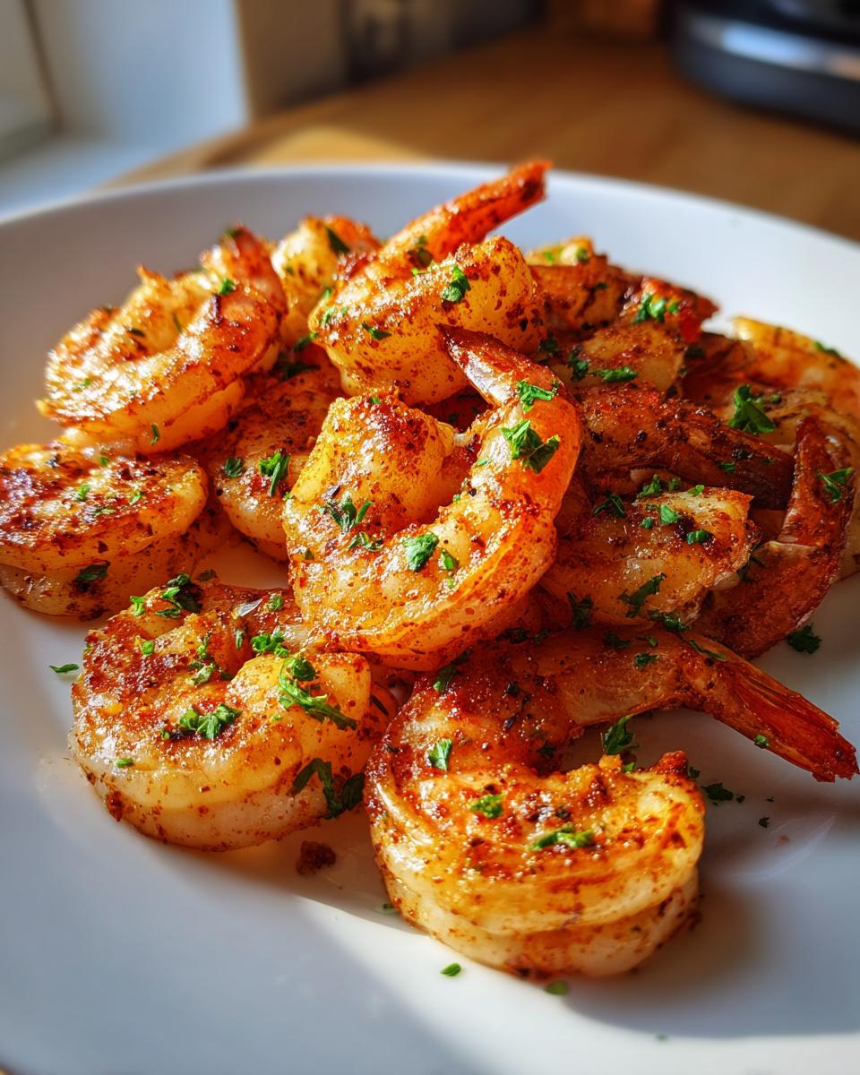 Close-up of seasoned and cooked air fryer frozen shrimp piled on a white plate, garnished with parsley.
