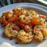 Close-up of seasoned and cooked air fryer frozen shrimp piled on a white plate, garnished with parsley.