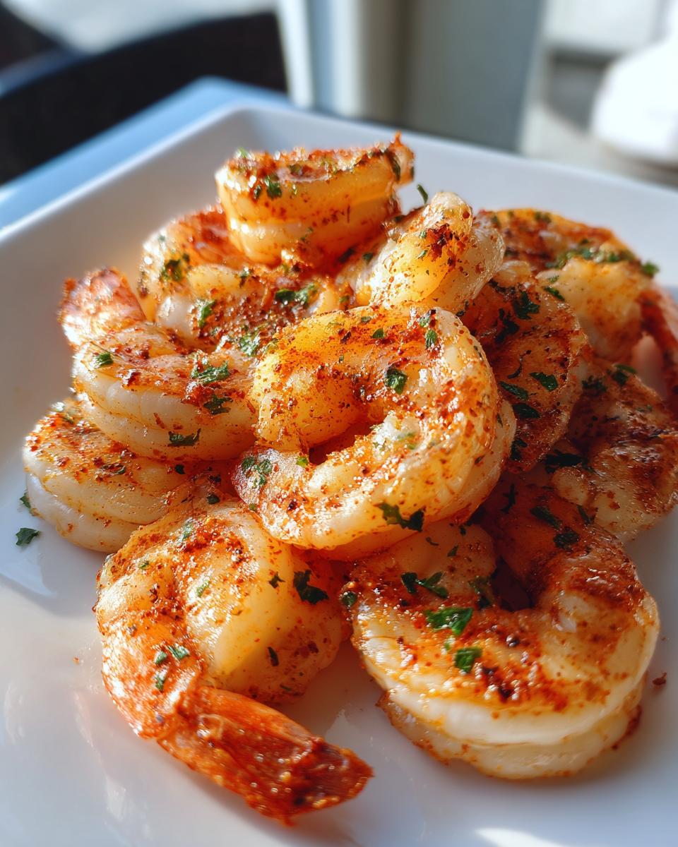 Close-up of perfectly cooked air fryer frozen shrimp seasoned with paprika and parsley on a white plate.
