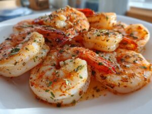 Close-up of seasoned and cooked air fryer frozen shrimp piled on a white plate.
