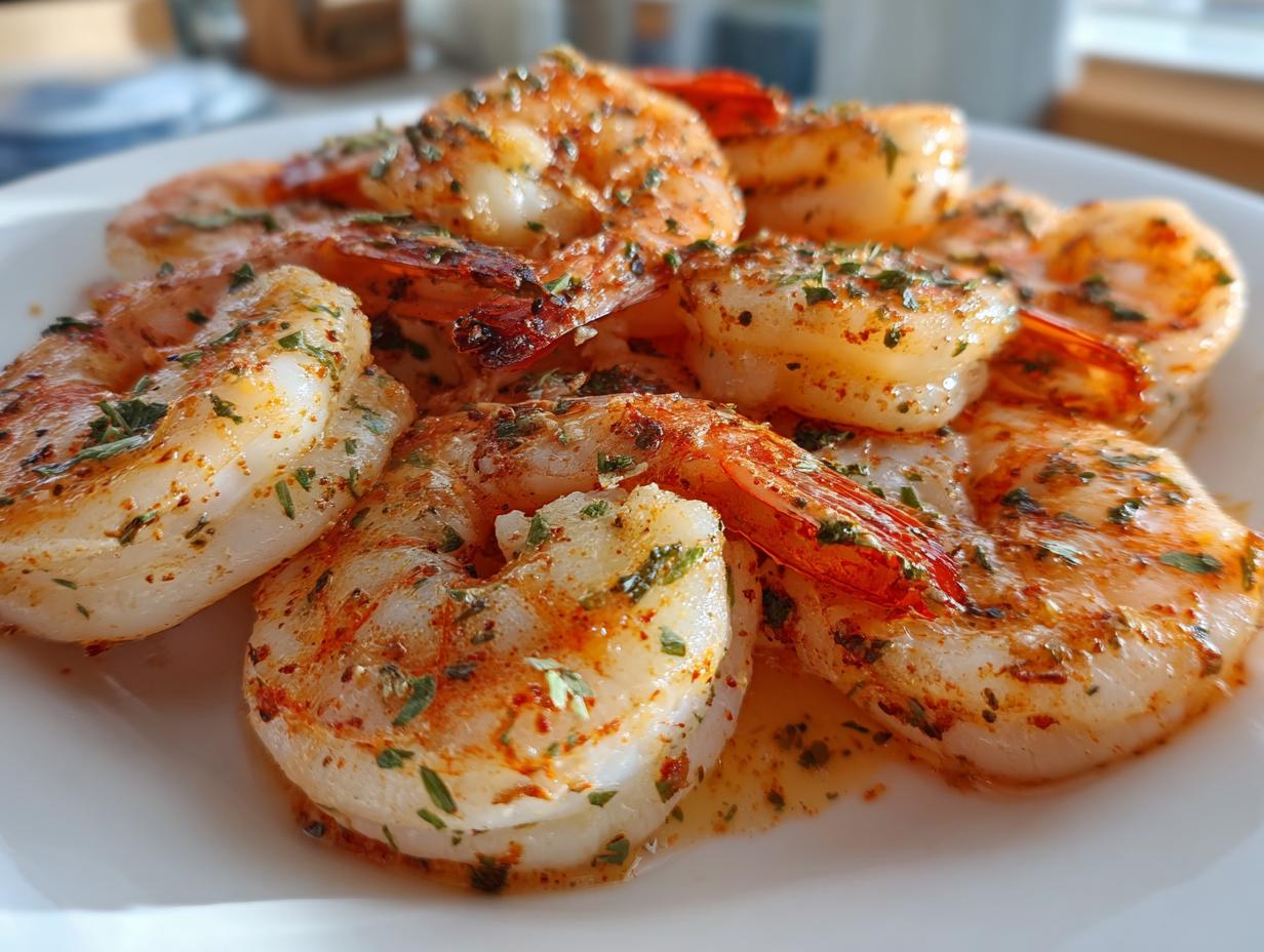 Close-up of seasoned and cooked air fryer frozen shrimp piled on a white plate.