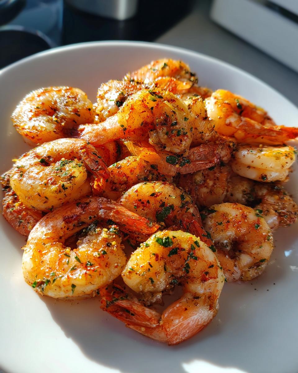 A close-up of perfectly cooked air fryer frozen shrimp seasoned with herbs and spices, piled on a white plate.