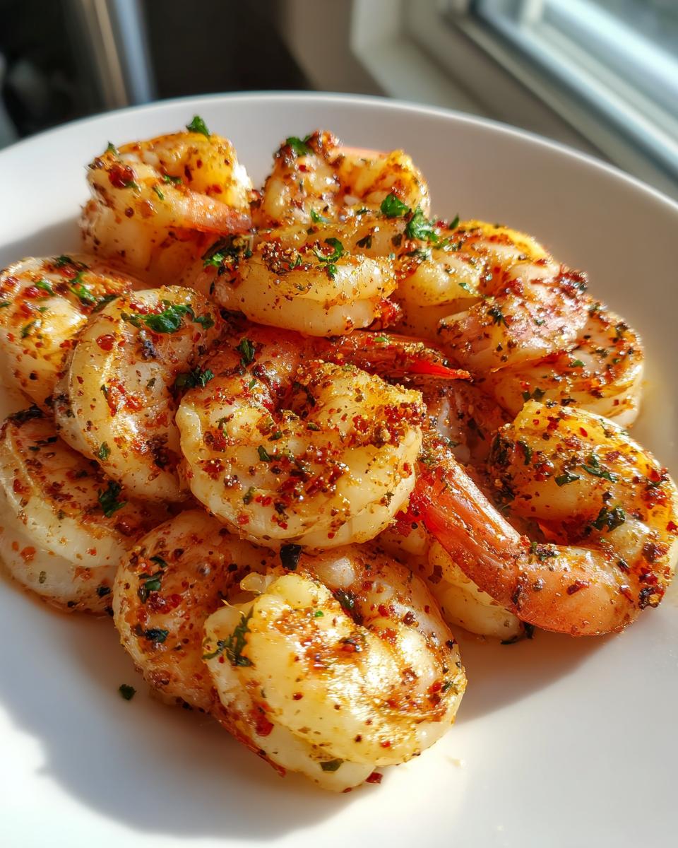 Close-up of cooked, seasoned air fryer frozen shrimp piled on a white plate, garnished with parsley.