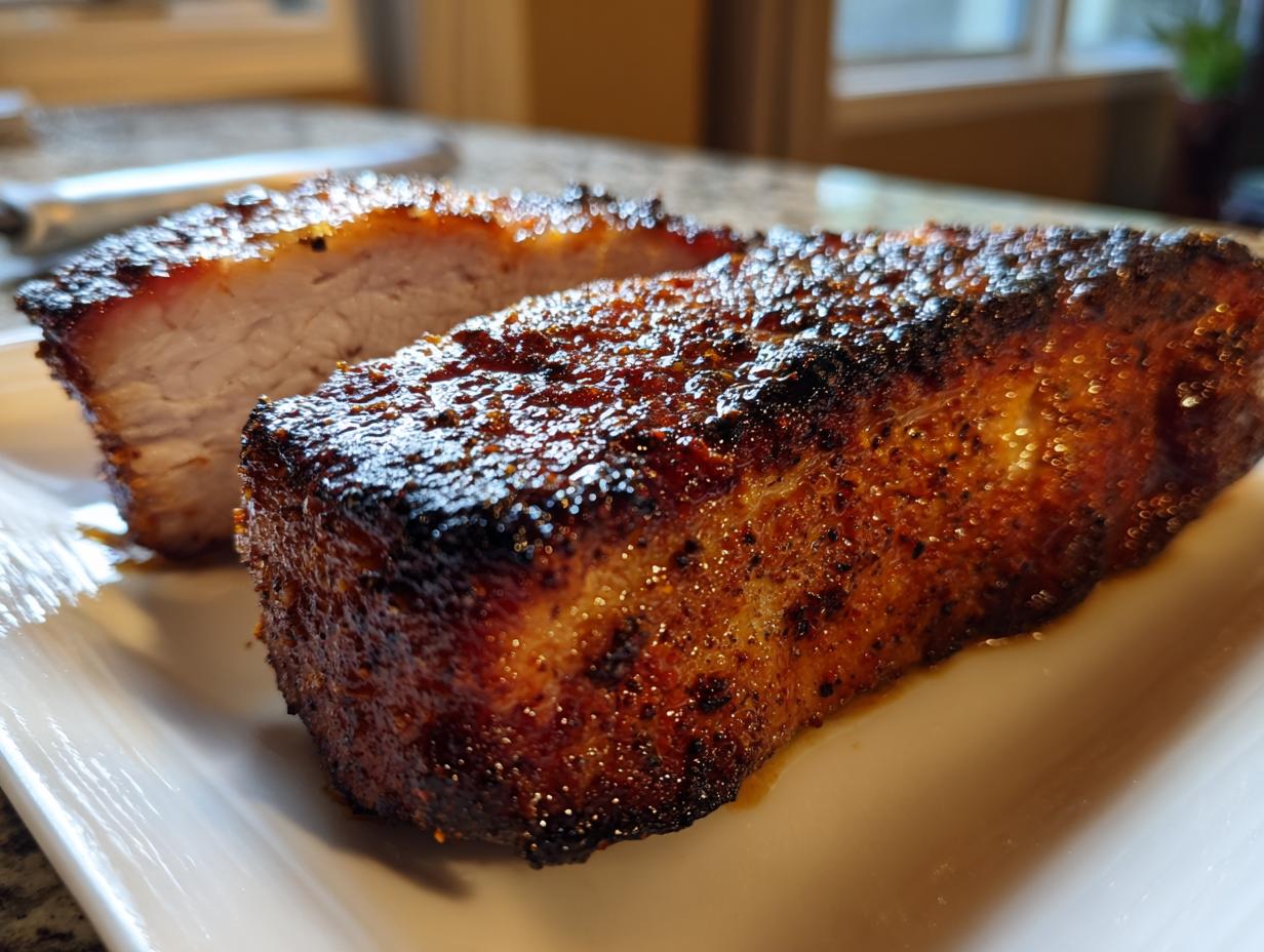 Two thick, juicy air fryer pork chops with a dark, caramelized crust resting on a white plate.