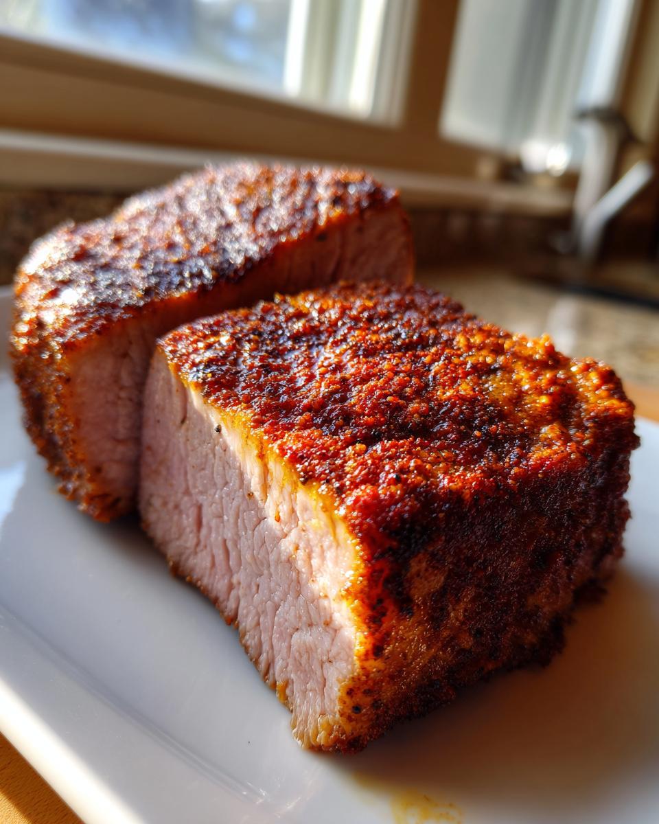Close-up of two thick-cut air fryer pork chops, showing a juicy pink interior and a heavily seasoned, browned crust.