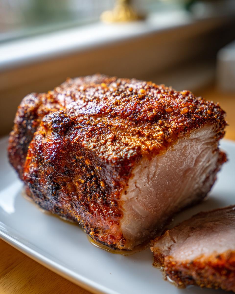 Close-up of a thick, juicy air fryer pork chop with a dark, seasoned crust, resting on a white plate.