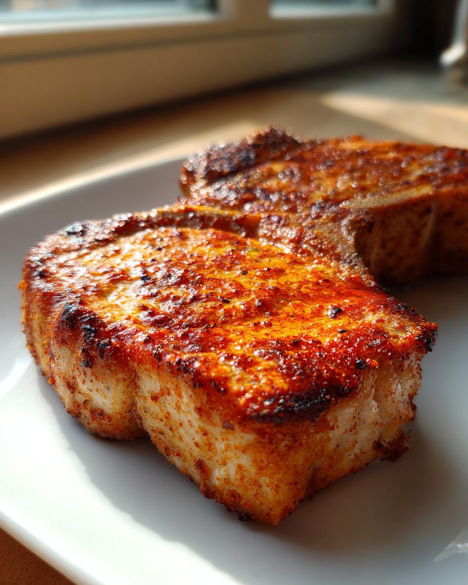 Close-up of two thick, juicy air fryer pork chops seasoned with paprika and spices, resting on a white plate.