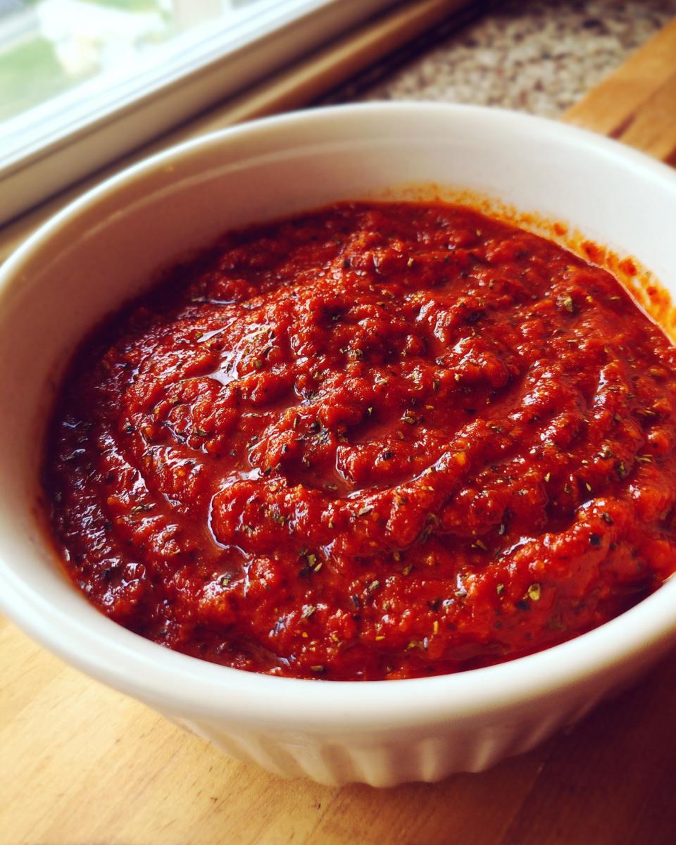 Close-up of rich, vibrant red homemade pizza sauce seasoned with herbs in a white bowl.