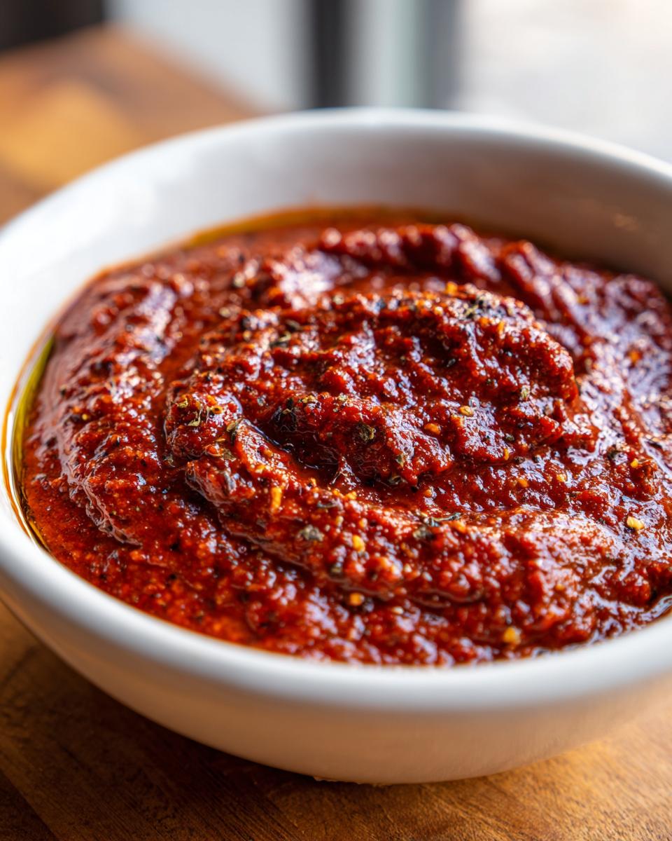 Close-up of thick, rich, homemade pizza sauce seasoned with herbs in a white bowl.
